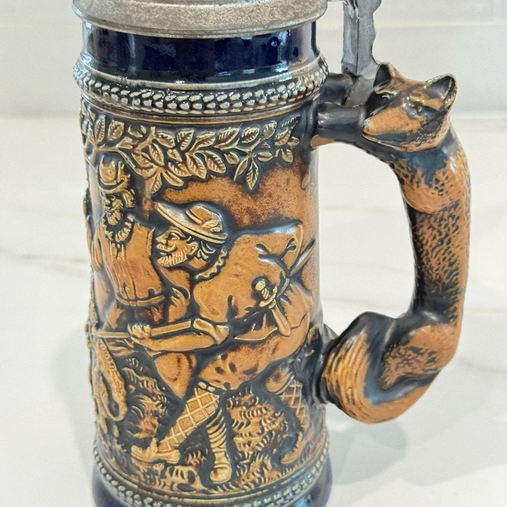 Vintage Original King 949 German Beer Stein Fox Handle Hunting Pewter Lid DBGM